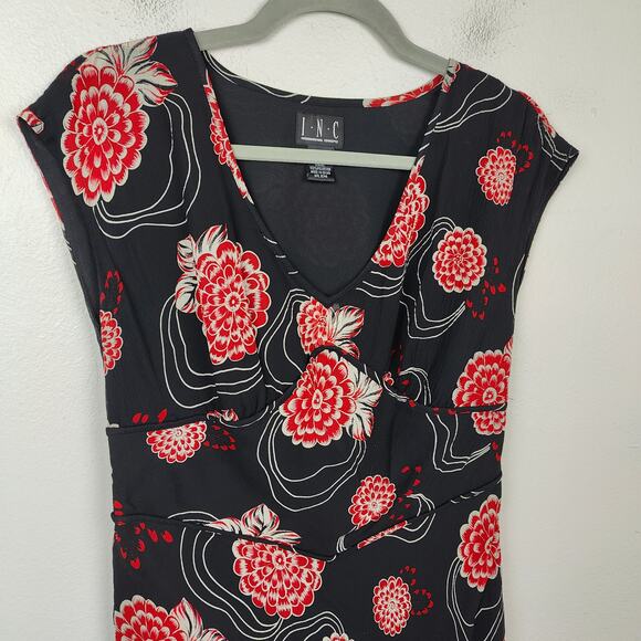 Vintage INC International Concepts Midi Dress Size 6 Black Red‎ Floral 100% Silk - Picture 2 of 9